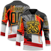 Laden Sie das Bild in den Galerie-Viewer, Uksn Individuelles Schwarz Rot-Gelb 3D-Muster abstrakt Eishockey-Trikot mit Schnürkragen
