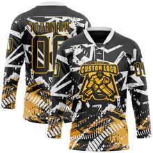 Laden Sie das Bild in den Galerie-Viewer, Uksn Individuelles Schwarz Gold-Weiß 3D-Muster abstrakt Eishockey-Trikot mit Schnürkragen
