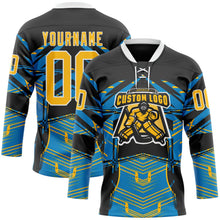 Laden Sie das Bild in den Galerie-Viewer, Uksn Individuelles Schwarz Gold Blau-Weiß 3D-Muster abstrakt Eishockey-Trikot mit Schnürkragen
