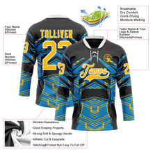 Laden Sie das Bild in den Galerie-Viewer, Uksn Individuelles Schwarz Gold Blau-Weiß 3D-Muster abstrakt Eishockey-Trikot mit Schnürkragen
