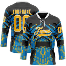 Laden Sie das Bild in den Galerie-Viewer, Uksn Individuelles Schwarz Gold Blau-Weiß 3D-Muster abstrakt Eishockey-Trikot mit Schnürkragen
