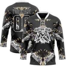Laden Sie das Bild in den Galerie-Viewer, Uksn Individuelles Schwarz Vegas-Gold-Weiß 3D-Muster abstrakter Grunge Eishockey-Trikot mit Schnürkragen
