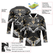 Laden Sie das Bild in den Galerie-Viewer, Uksn Individuelles Schwarz Vegas-Gold-Weiß 3D-Muster abstrakter Grunge Eishockey-Trikot mit Schnürkragen
