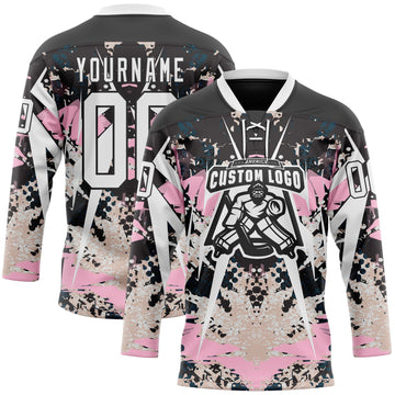 Uksn Individuelles Schwarz Weiß-Hellrosa 3D-Muster abstrakter Grunge Eishockey-Trikot mit Schnürkragen