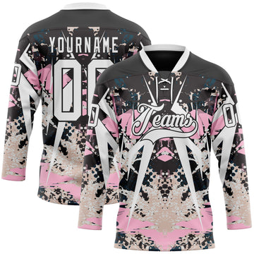 Uksn Individuelles Schwarz Weiß-Hellrosa 3D-Muster abstrakter Grunge Eishockey-Trikot mit Schnürkragen