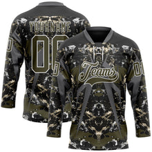 Laden Sie das Bild in den Galerie-Viewer, Uksn Individuelles Schwarz Oliv Stahlgrau-Weiß 3D-Muster abstrakter Grunge Eishockey-Trikot mit Schnürkragen
