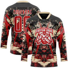 Laden Sie das Bild in den Galerie-Viewer, Uksn Individuelles Schwarz Rot City-Creme-Weiß 3D-Muster abstrakter Grunge Eishockey-Trikot mit Schnürkragen
