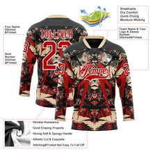 Laden Sie das Bild in den Galerie-Viewer, Uksn Individuelles Schwarz Rot City-Creme-Weiß 3D-Muster abstrakter Grunge Eishockey-Trikot mit Schnürkragen

