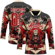 Laden Sie das Bild in den Galerie-Viewer, Uksn Individuelles Schwarz Rot City-Creme-Weiß 3D-Muster abstrakter Grunge Eishockey-Trikot mit Schnürkragen
