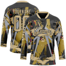 Laden Sie das Bild in den Galerie-Viewer, Uksn Individuelles Schwarz Vegas-Gold-Grau 3D-Muster abstrakt Eishockey-Trikot mit Schnürkragen
