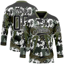 Laden Sie das Bild in den Galerie-Viewer, Uksn Individuelles Schwarz Oliv-Weiß 3D-Muster abstrakte Camouflage Eishockey-Trikot mit Schnürkragen
