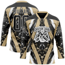 Laden Sie das Bild in den Galerie-Viewer, Uksn Individuelles Schwarz Vegas-Gold-Weiß 3D-Muster abstrakter Grunge Eishockey-Trikot mit Schnürkragen
