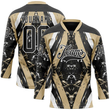 Laden Sie das Bild in den Galerie-Viewer, Uksn Individuelles Schwarz Vegas-Gold-Weiß 3D-Muster abstrakter Grunge Eishockey-Trikot mit Schnürkragen
