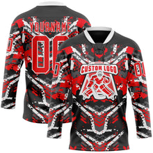 Laden Sie das Bild in den Galerie-Viewer, Uksn Individuelles Schwarz Feuerrot-Weiß 3D-Muster abstrakter Grunge Eishockey-Trikot mit Schnürkragen
