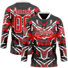 Laden Sie das Bild in den Galerie-Viewer, Uksn Individuelles Schwarz Feuerrot-Weiß 3D-Muster abstrakter Grunge Eishockey-Trikot mit Schnürkragen
