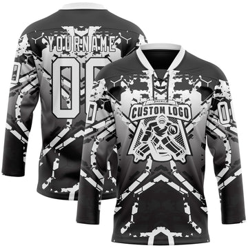 Uksn Individuelles Schwarz Weiß-Grau 3D-Muster abstrakter Verlauf Eishockey-Trikot mit Schnürkragen