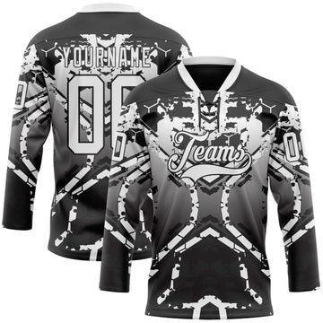 Uksn Individuelles Schwarz Weiß-Grau 3D-Muster abstrakter Verlauf Eishockey-Trikot mit Schnürkragen