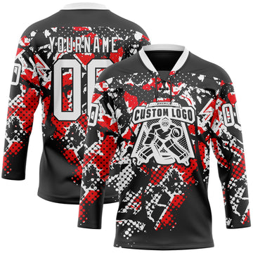 Uksn Individuelles Schwarz Weiß-Feuerrot 3D-Muster abstrakter Grunge Eishockey-Trikot mit Schnürkragen
