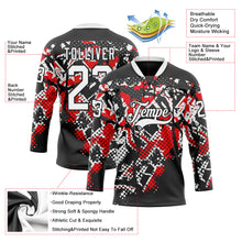 Laden Sie das Bild in den Galerie-Viewer, Uksn Individuelles Schwarz Weiß-Feuerrot 3D-Muster abstrakter Grunge Eishockey-Trikot mit Schnürkragen
