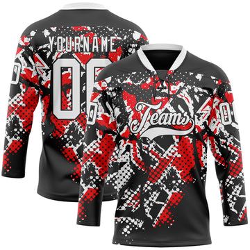 Uksn Individuelles Schwarz Weiß-Feuerrot 3D-Muster abstrakter Grunge Eishockey-Trikot mit Schnürkragen
