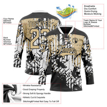Laden Sie das Bild in den Galerie-Viewer, Uksn Individuelles Schwarz Vegas-Gold-Weiß 3D-Muster abstrakter Grunge Eishockey-Trikot mit Schnürkragen
