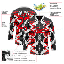 Laden Sie das Bild in den Galerie-Viewer, Uksn Individuelles Schwarz Feuerrot-Weiß 3D-Muster abstrakt Eishockey-Trikot mit Schnürkragen
