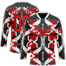 Laden Sie das Bild in den Galerie-Viewer, Uksn Individuelles Schwarz Feuerrot-Weiß 3D-Muster abstrakt Eishockey-Trikot mit Schnürkragen
