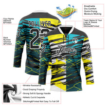 Laden Sie das Bild in den Galerie-Viewer, Uksn Individuelles Schwarz Grün-Gelb 3D-Muster abstrakter Split Eishockey-Trikot mit Schnürkragen
