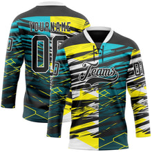 Laden Sie das Bild in den Galerie-Viewer, Uksn Individuelles Schwarz Grün-Gelb 3D-Muster abstrakter Split Eishockey-Trikot mit Schnürkragen
