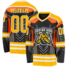 Laden Sie das Bild in den Galerie-Viewer, Uksn Individuelles Schwarz Gold Grau Orange-Weiß 3D-Muster Cyber-Mecha E-Sport Eishockey-Trikot
