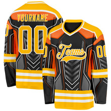 Laden Sie das Bild in den Galerie-Viewer, Uksn Individuelles Schwarz Gold Grau Orange-Weiß 3D-Muster Cyber-Mecha E-Sport Eishockey-Trikot
