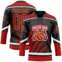 Laden Sie das Bild in den Galerie-Viewer, Uksn Individuelles Schwarz Rot Altgold-Weiß 3D-Splash-Art Eishockey-Trikot mit Schnürkragen

