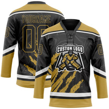 Laden Sie das Bild in den Galerie-Viewer, Uksn Individuelles Schwarz Altgold-Weiß 3D-Splash-Art Eishockey-Trikot mit Schnürkragen
