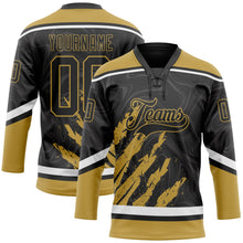 Laden Sie das Bild in den Galerie-Viewer, Uksn Individuelles Schwarz Altgold-Weiß 3D-Splash-Art Eishockey-Trikot mit Schnürkragen
