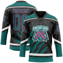 Laden Sie das Bild in den Galerie-Viewer, Uksn Individuelles Schwarz Petrol Pink-Weiß 3D-Splash-Art Eishockey-Trikot mit Schnürkragen
