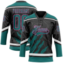 Laden Sie das Bild in den Galerie-Viewer, Uksn Individuelles Schwarz Petrol Pink-Weiß 3D-Splash-Art Eishockey-Trikot mit Schnürkragen
