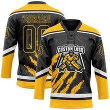 Laden Sie das Bild in den Galerie-Viewer, Uksn Individuelles Schwarz Gold-Weiß 3D-Splash-Art Eishockey-Trikot mit Schnürkragen
