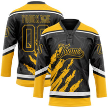 Laden Sie das Bild in den Galerie-Viewer, Uksn Individuelles Schwarz Gold-Weiß 3D-Splash-Art Eishockey-Trikot mit Schnürkragen
