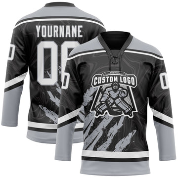 Uksn Individuelles Schwarz Weiß-Grau 3D-Splash-Art Eishockey-Trikot mit Schnürkragen