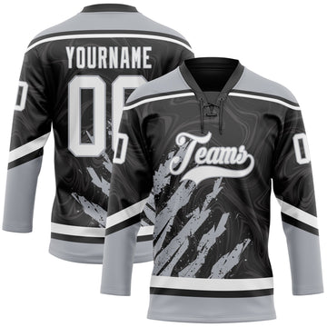 Uksn Individuelles Schwarz Weiß-Grau 3D-Splash-Art Eishockey-Trikot mit Schnürkragen