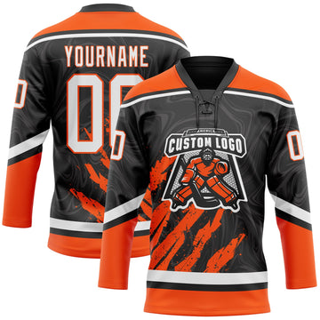 Uksn Individuelles Schwarz Weiß-Orange 3D-Splash-Art Eishockey-Trikot mit Schnürkragen