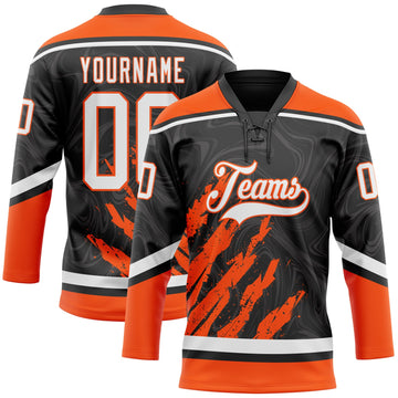 Uksn Individuelles Schwarz Weiß-Orange 3D-Splash-Art Eishockey-Trikot mit Schnürkragen