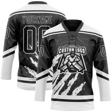 Uksn Individuelles Schwarz Weiß 3D-Splash-Art Eishockey-Trikot mit Schnürkragen