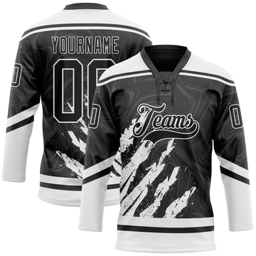 Uksn Individuelles Schwarz Weiß 3D-Splash-Art Eishockey-Trikot mit Schnürkragen