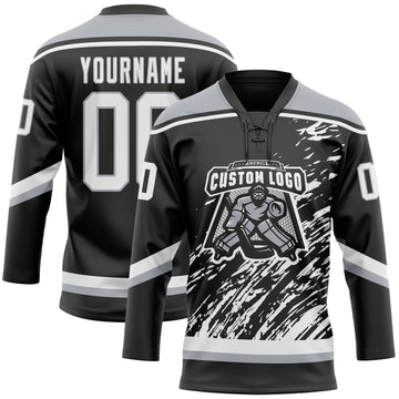 Uksn Individuelles Schwarz Weiß-Grau 3D-Splash-Art Eishockey-Trikot mit Schnürkragen