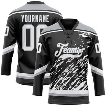 Uksn Individuelles Schwarz Weiß-Grau 3D-Splash-Art Eishockey-Trikot mit Schnürkragen