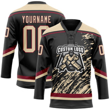 Laden Sie das Bild in den Galerie-Viewer, Uksn Individuelles Schwarz City-Creme-Karmesinrot 3D-Splash-Art Eishockey-Trikot mit Schnürkragen

