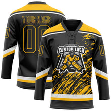 Laden Sie das Bild in den Galerie-Viewer, Uksn Individuelles Schwarz Gold-Weiß 3D-Splash-Art Eishockey-Trikot mit Schnürkragen
