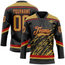 Laden Sie das Bild in den Galerie-Viewer, Uksn Individuelles Schwarz Altgold Rot-Weiß 3D-Splash-Art Eishockey-Trikot mit Schnürkragen
