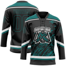 Laden Sie das Bild in den Galerie-Viewer, Uksn Individuelles Schwarz Petrol-Weiß 3D-Splash-Art Eishockey-Trikot mit Schnürkragen

